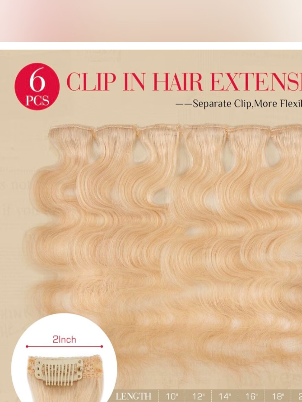 Blonde Clip-In Hair Extensions - 6 PCS Remy-Style Wavy Set NIB